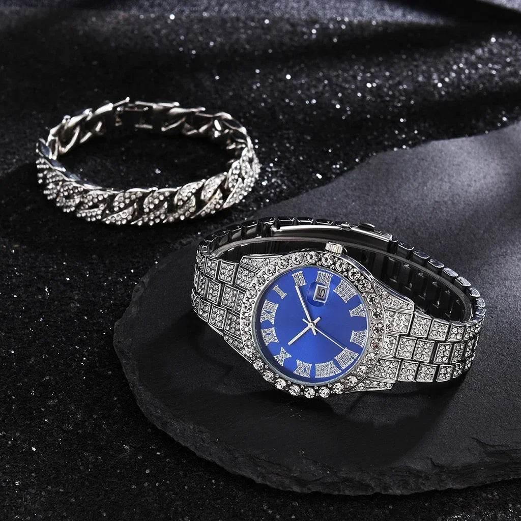 Watch Bracelet Set Hip Hop Stainless Steel Gold Color Calendar Watch for Men Iced Out Paved Rhinestones Men Watch Reloj Hombre - Empire P.E