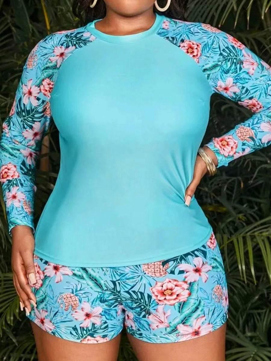 2025 Tropical Long Sleeve Swimsuit Women Plus Large Size Swimwear XL-4XL - Empire P.E