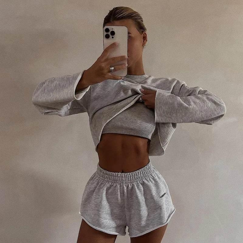 2025 New Sport Wear High Street Track Suits Sweatshirt Shorts Sets New Matching Sets 3 Pieces Set Women's Suits - Empire P.E