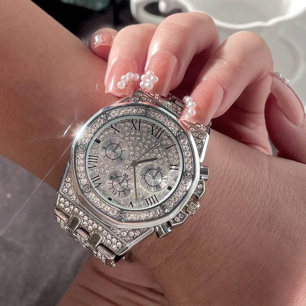 14MM Necklace+Watch+Bracelet Iced Out Watches For Men 2 Row Rhinestone Cuban Chain Necklace Set Women Men Hiphop Jewelry Gift - Empire P.E