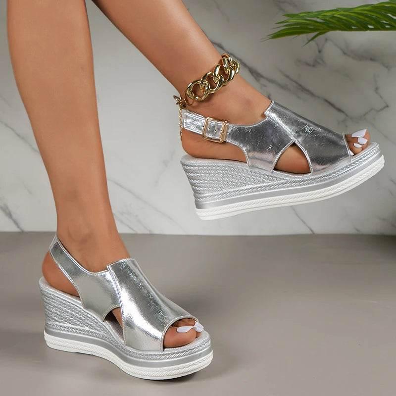 2024 Summer Peep Toe Platform Sandles Woman Plus Size Thick Sole Sandalias Mujer Gold Silver PU Leather Wedge Sandals for Women - Empire P.E