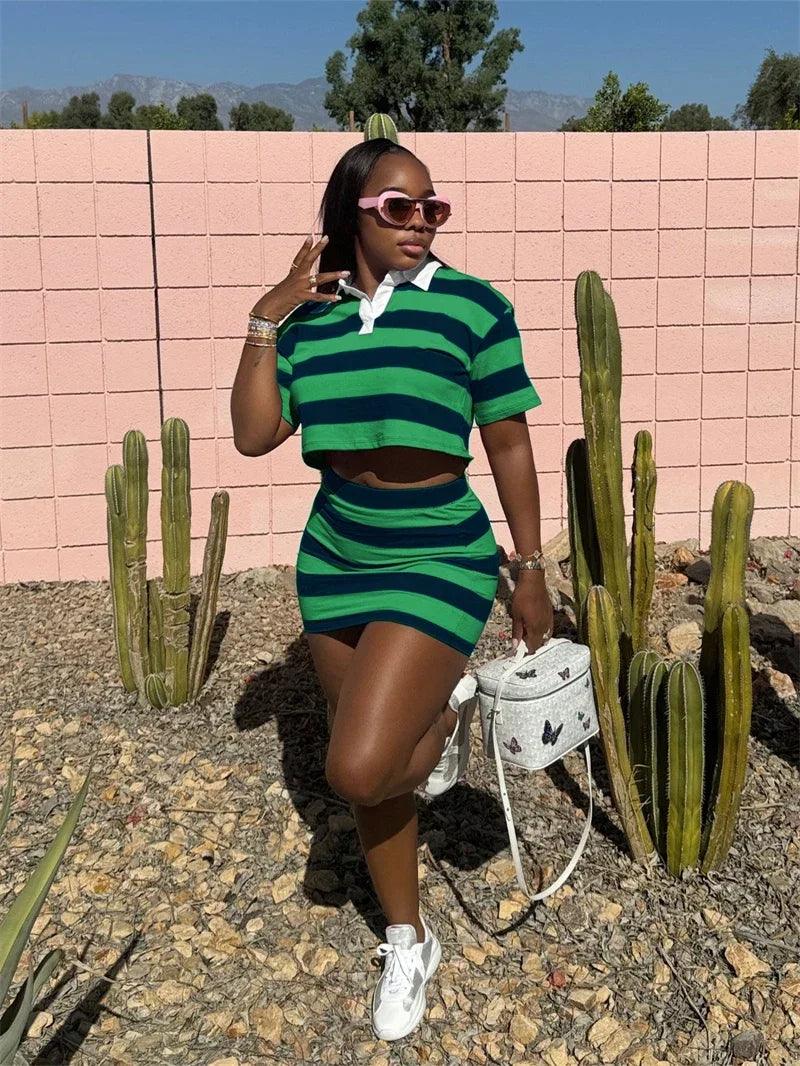 Sporty Fitness Striped Print 2 Pieces Set for Woman Streetwear Casual Turn-down Collar Shirt Crop Top and Mini Skirt Sets Summer - Empire P.E