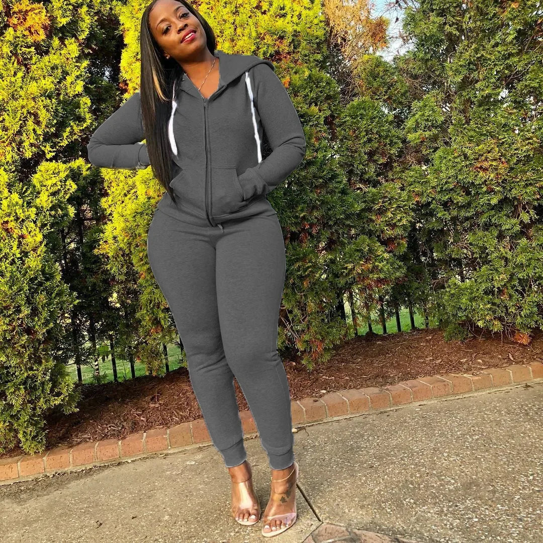 2 Pieces Set Women Fall Hot Style Pure Color Fleece two piece set - Empire P.E
