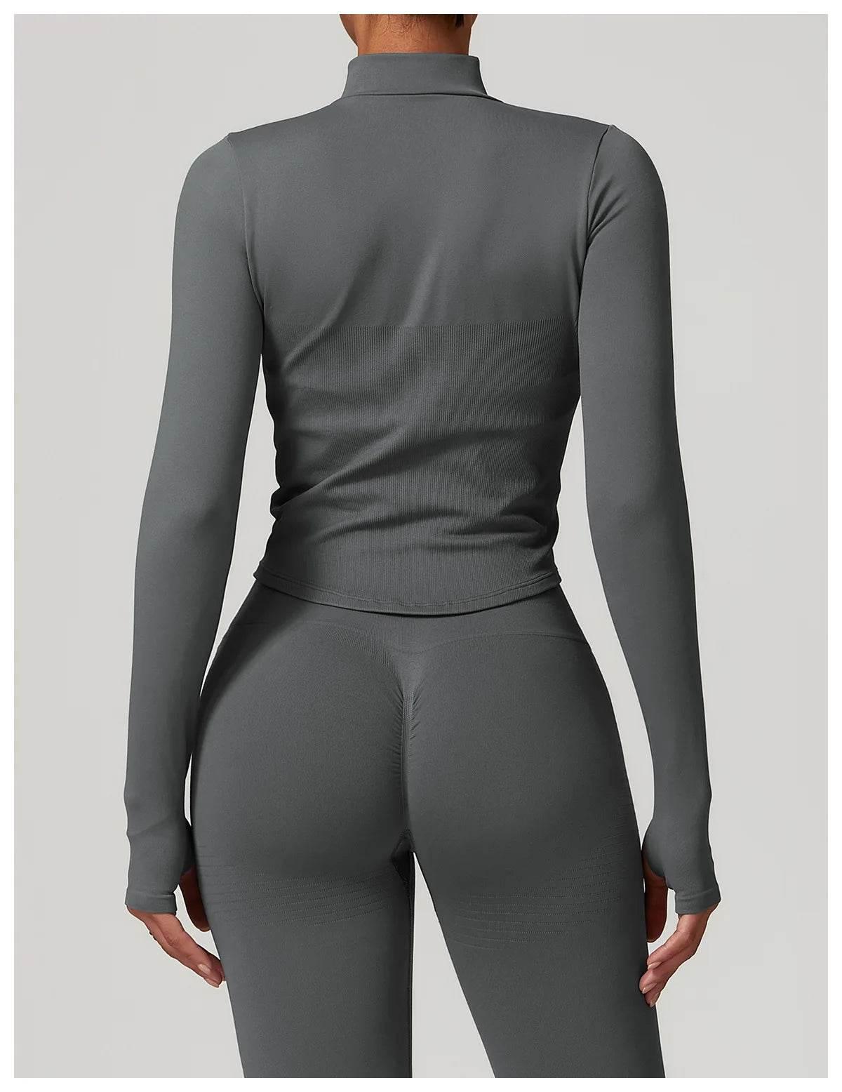 Women Seamless Zipper Jacket Yoga Long Sleeved Gym Top Ribbed Yoga Stand Collar Jacket Running Workout Sport Coat Women's Shirts - Empire P.E