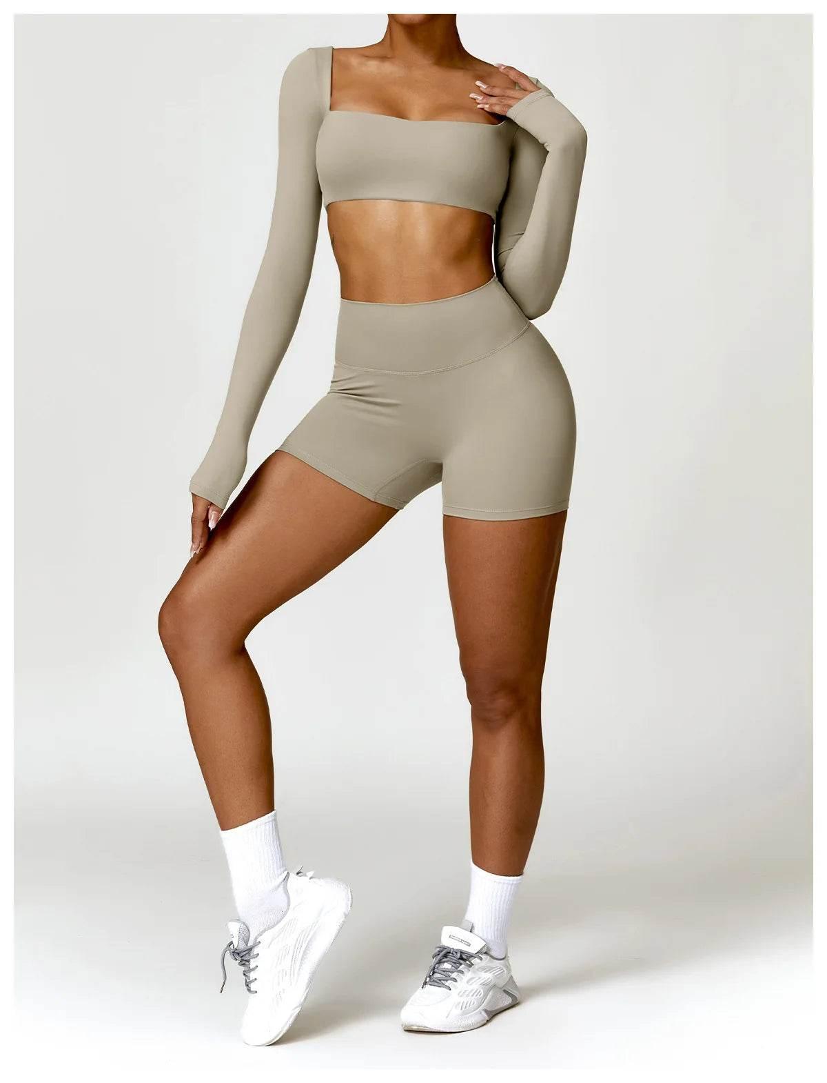 Hearuisavy 2PCS Long Sleeve Gym Set Women Yoga Clothes Quick-Drying Sportswear Running Leggings Workout Sports Crop Top Women - Empire P.E
