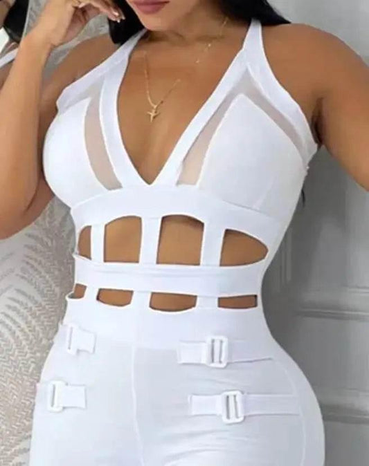 Women's jumpsuit 2025 summer new sleeveless new fashionable hollow camisole buckle comparison mesh tight jumpsuit - Empire P.E