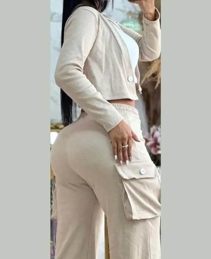 Spring Autumn Solid Slim Suit Women Long Sleeve Single Button V-neck Short Coat Drawstring Mid Waist Pocket Wide-Leg Pants Suit - Empire P.E