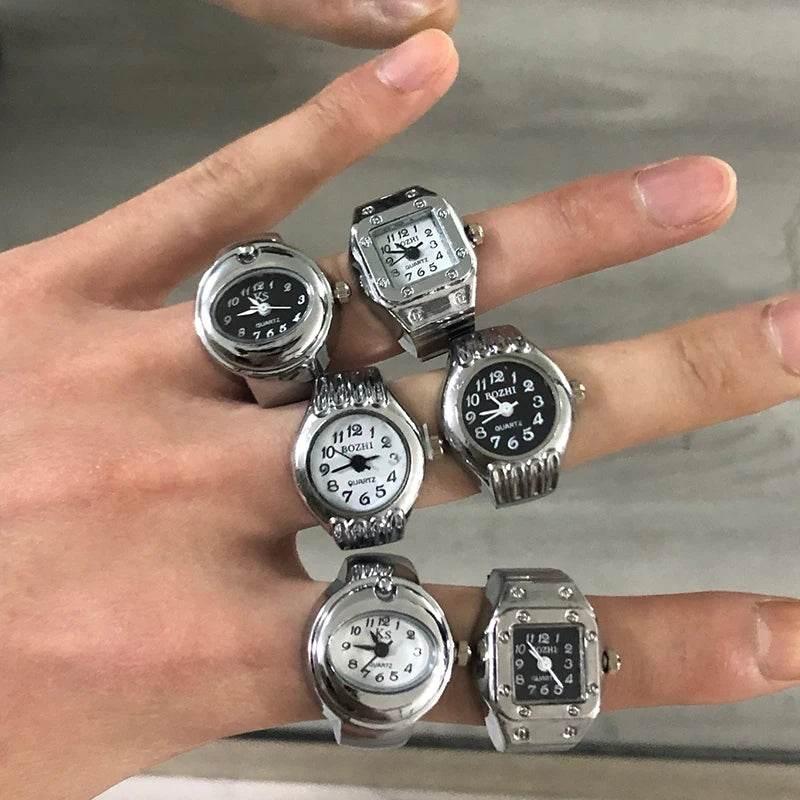 Vintage Punk Finger Watch Mini Elastic Strap Alloy Watches Couple Rings Jewelry Clock Retro Roman Quartz Watch Rings Women Men - Empire P.E