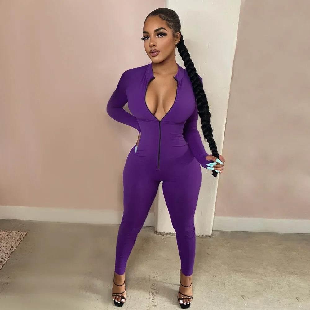 Sexy Solid Color Long Sleeve Deep V Bodycon Rompers Womens Jumpsuit Sport Suit Fashion Zip Up Long Pants Overalls Fitness Set - Empire P.E
