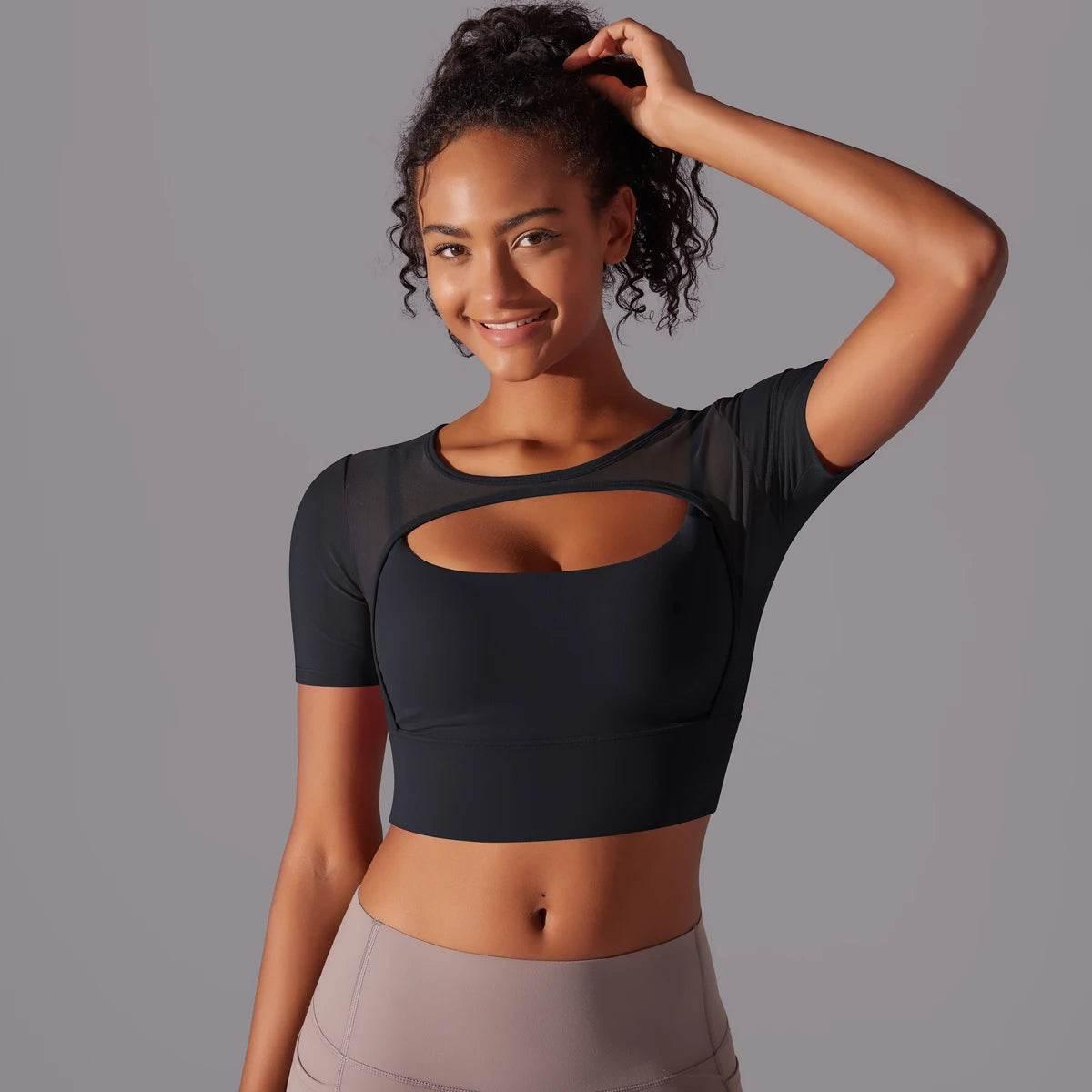 Solid Color Yoga Short Sleeve Sexy Double Layer Yoga Tank Top Spliced Mesh Yoga Clothing Top Fitness Running Sports Bra Women - Empire P.E