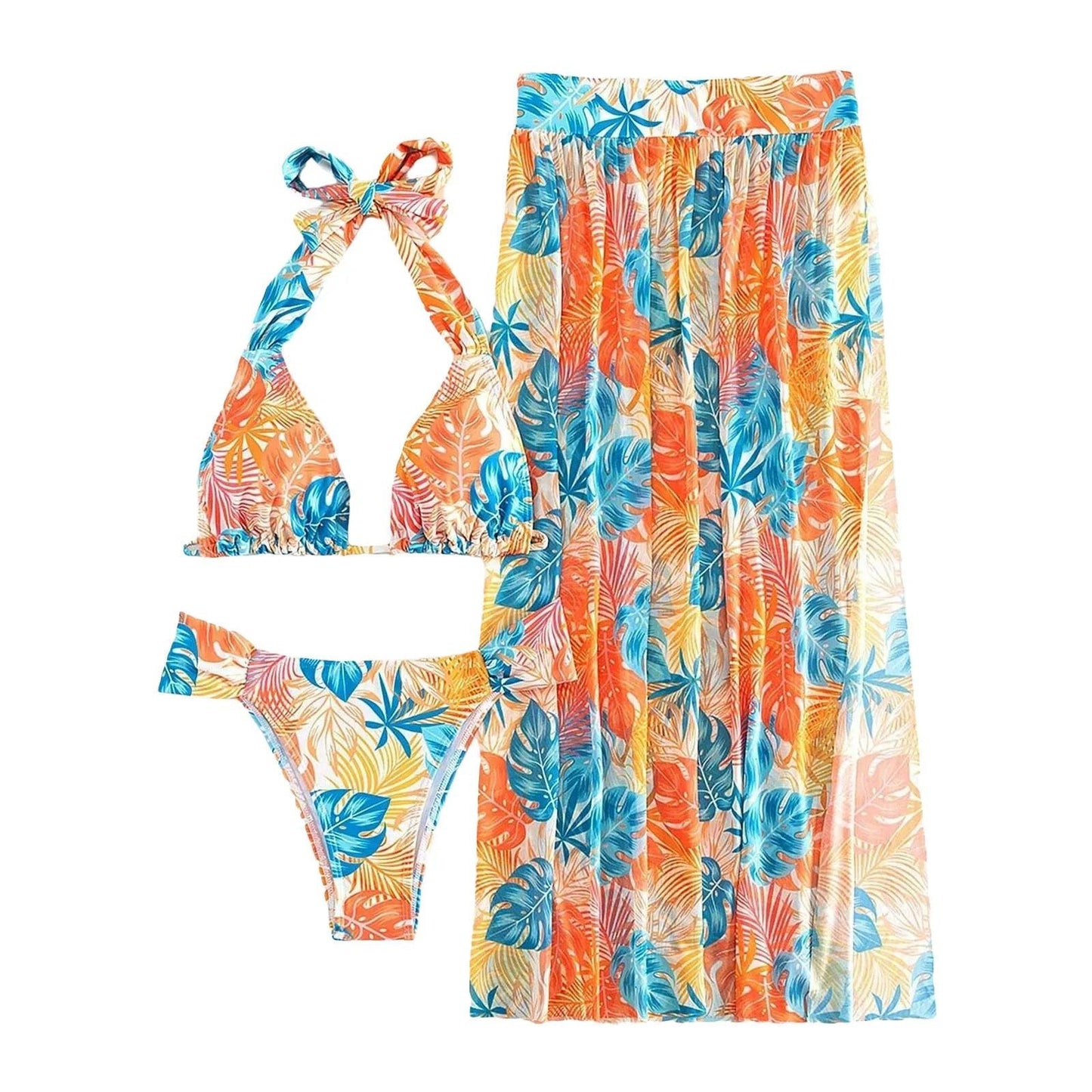 Summer Women Swimwear Leaf Print Tie Up Halter Bathing Suit Tops Shorts Split Beach Cover Up Skirt Female 3pcs Swimsuit Set - Empire P.E
