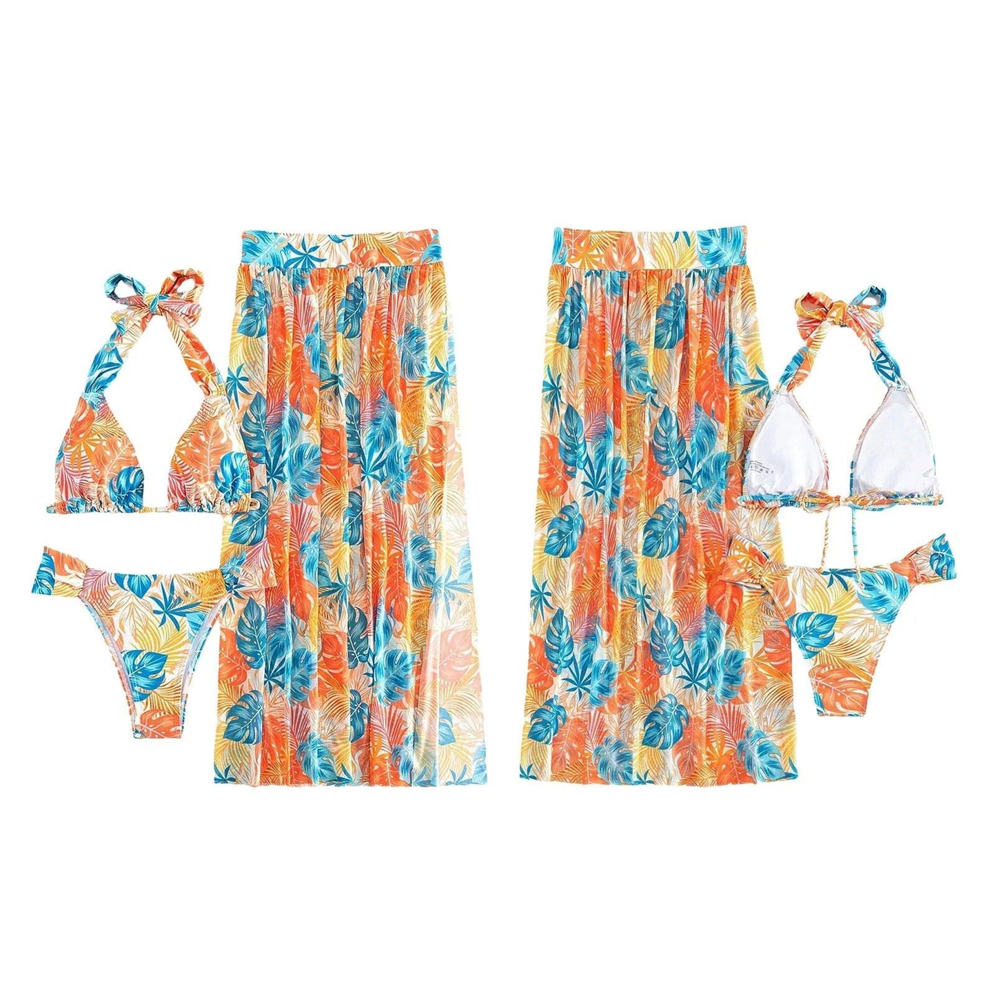 Summer Women Swimwear Leaf Print Tie Up Halter Bathing Suit Tops Shorts Split Beach Cover Up Skirt Female 3pcs Swimsuit Set - Empire P.E