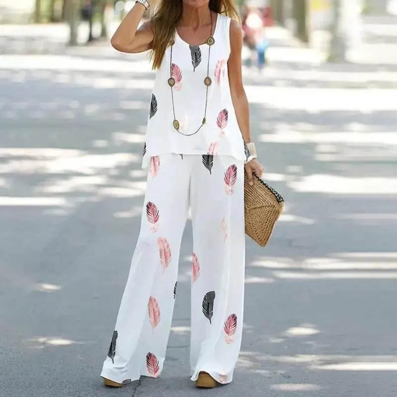 2023 Women 2 Piece Outfits Boho Casual Printed Vest Sleeveless Top Loose Wide Leg Pants Trousers Two Piece Set Elegant Suit - Empire P.E