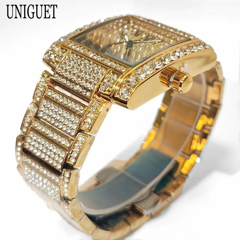 Iced Out Watch For Men Luxury Gold Stainless Steel Quartz - Empire P.E