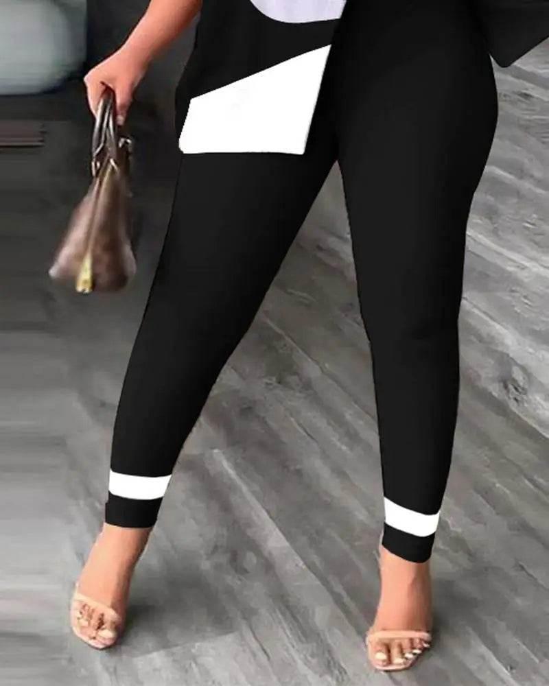 Elegant Women Two Piece Set Suits New Fashion Printed Ruffle Sleeve Top Solid Color Pants Set With Belt Blouses Female Clothing - Empire P.E