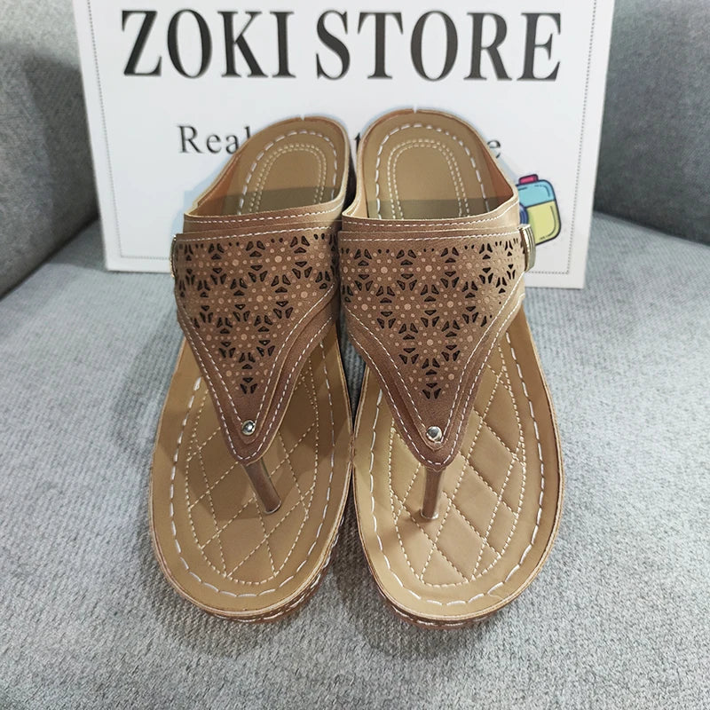 Summer Women's Wedge Sandals 2023 Clip Toe Orthopedic Arch Support Sandals Woman Pu Leather Non-Slip Soft Platform Flip Flops - Empire P.E