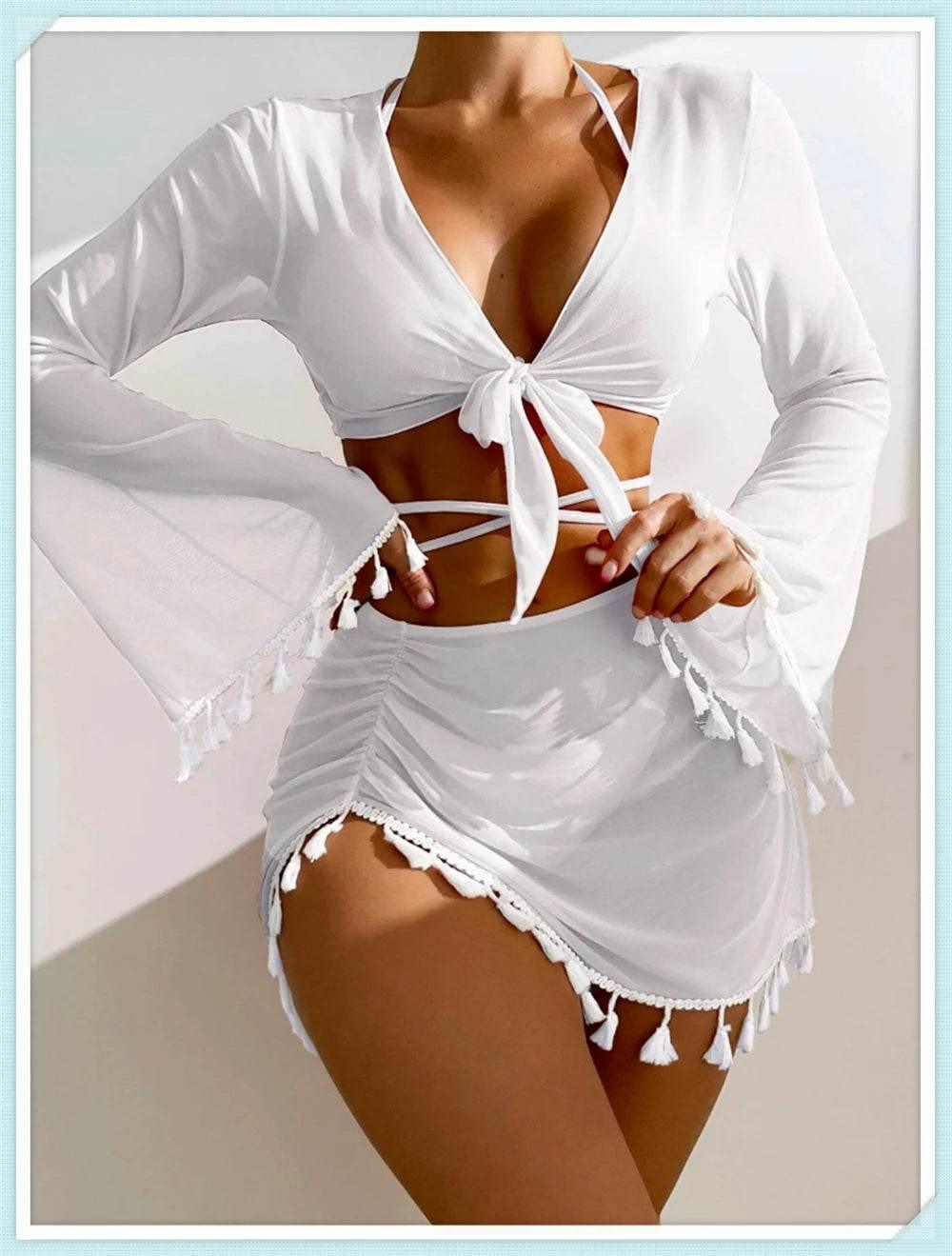 Sexy 4 Pieces Halter Bikinis Women Solid Swimwear Female Cover Up Swimsuit Long Sleeve And Skirt Bathing Suit Beachwear Summer - Empire P.E