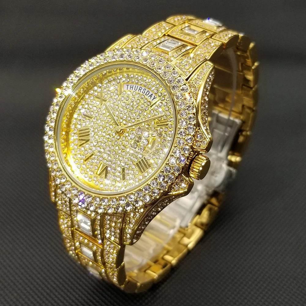 Luxury Shiny Diamond Watch For Men Hip Hop Trendy Iced Out Quartz Watches High Quality Stainless Steel Waterproof Day Date Clock - Empire P.E