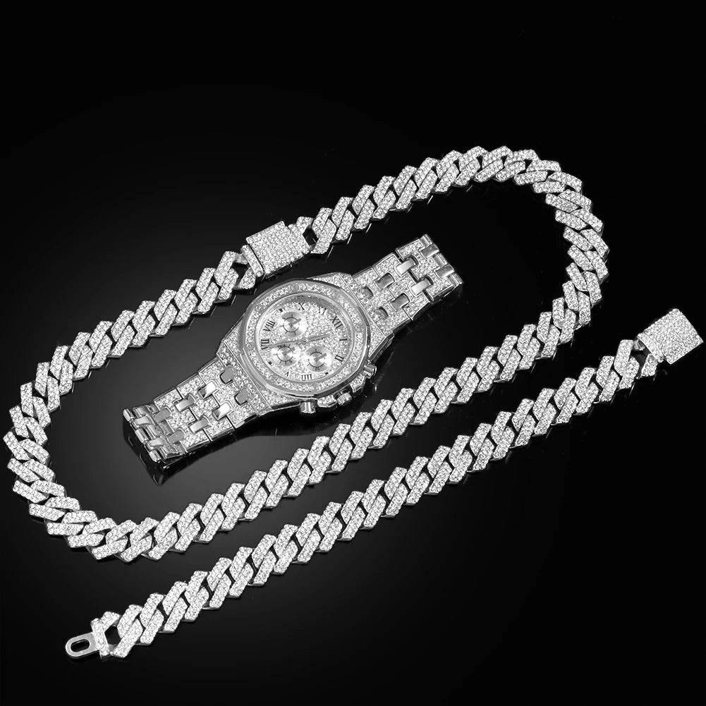 14MM Necklace+Watch+Bracelet Iced Out Watches For Men 2 Row Rhinestone Cuban Chain Necklace Set Women Men Hiphop Jewelry Gift - Empire P.E