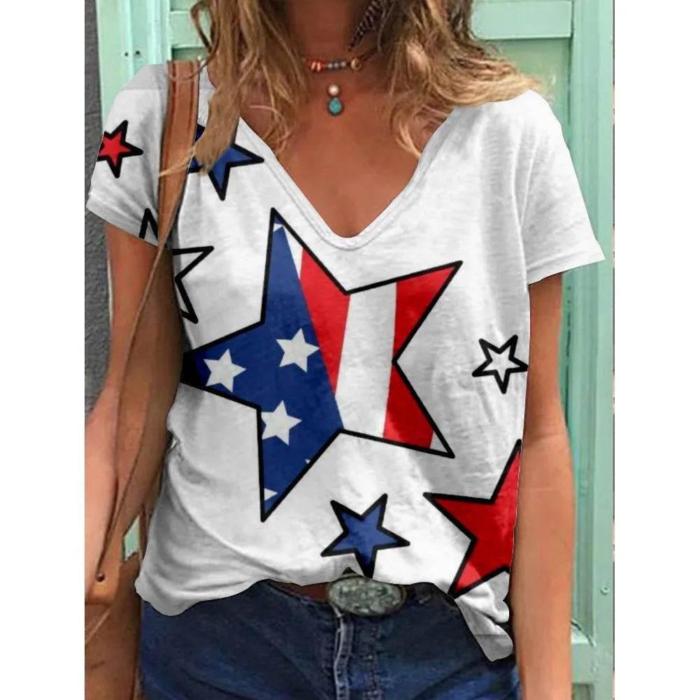 Fashion Women's T Shirt USA Flag Print Harajuku T-shirt Summer 2023 Top Kawaii Tees V Neck Pluse Size American Lady Y2k Clothing - Empire P.E