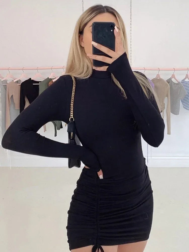 Long Sleeve Ruched Bodycon Dress Women Turtleneck Bandage Mini Dresses Autumn Black Skinny Stretchy Party Vestidos - Empire P.E