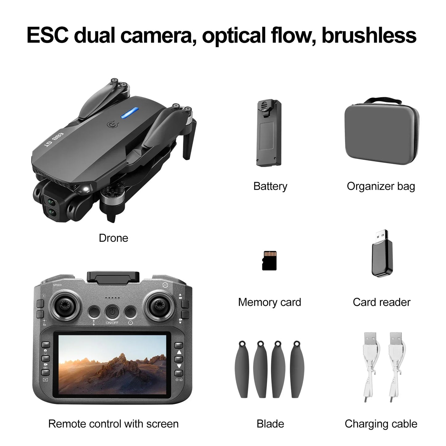 Black E88E99 GT Lighting Big Screen Control Mini Drone Dual Camera - Empire P.E