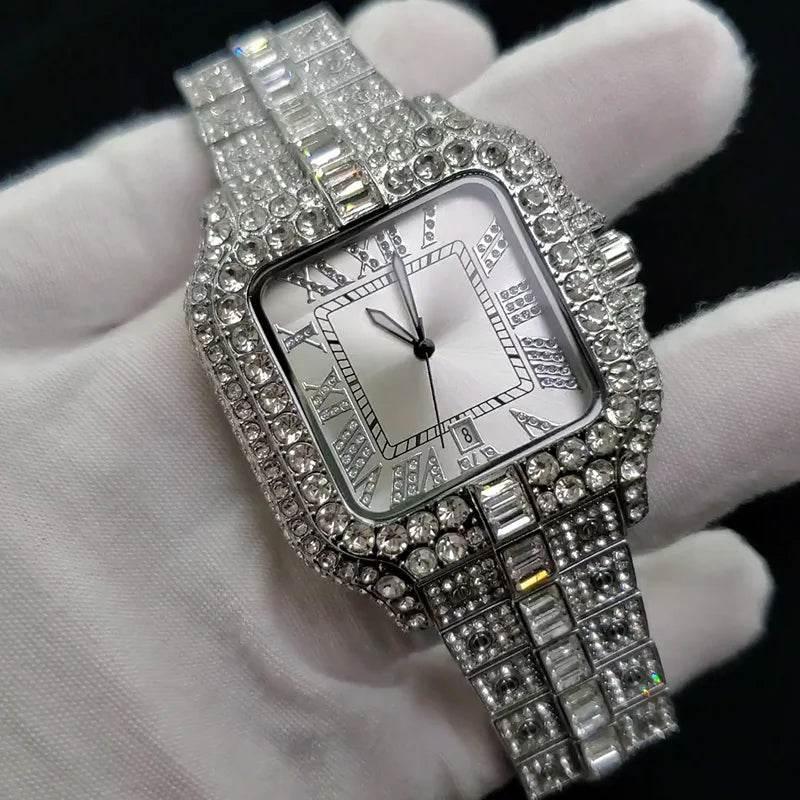 Luxury Diamond Watch Men Hip Hop Bling Iced Out Quartz Watches Fashion Blue Dial Silver Shiny Party Jewelry Relojes Dropshipping - Empire P.E