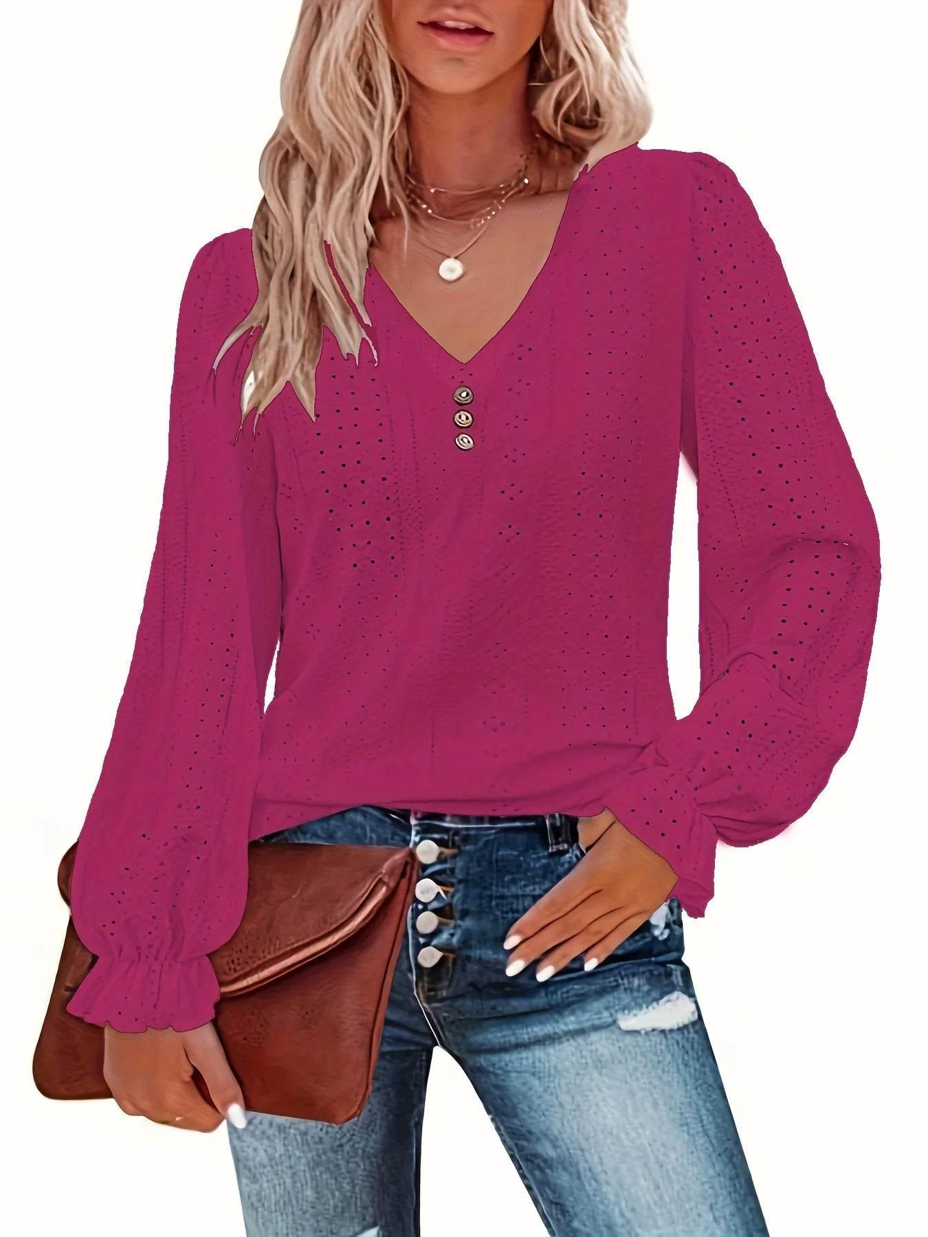 Plus Size Eyelet Button Decor Casual V Neck Long Sleeve - Empire P.E