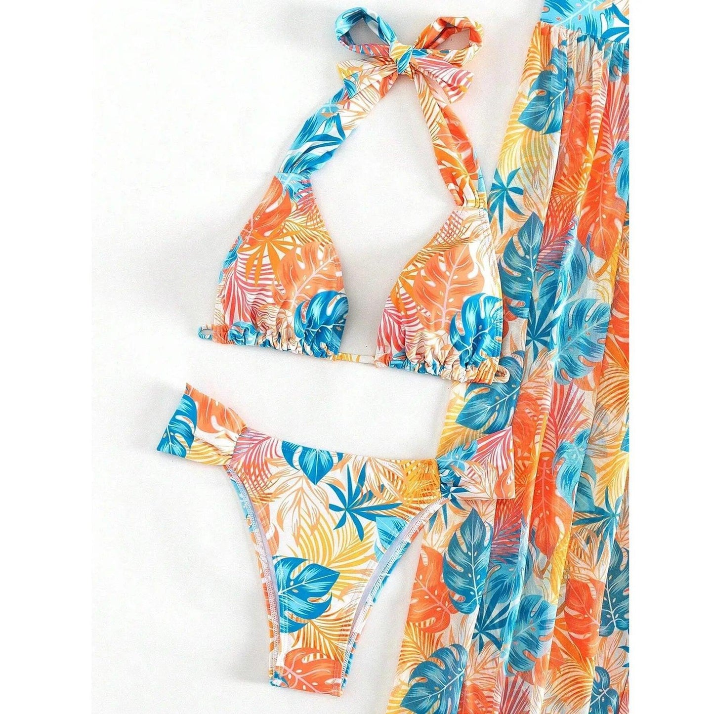 Summer Women Swimwear Leaf Print Tie Up Halter Bathing Suit Tops Shorts Split Beach Cover Up Skirt Female 3pcs Swimsuit Set - Empire P.E