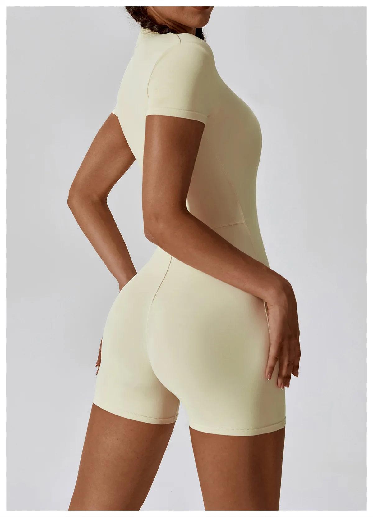 Yoga Set Women's One-Piece Suit Zipper Short Sleeve Gym Push Up Workout Clothes Fitness Short Bodysuit Sportswear Jumpsuits - Empire P.E