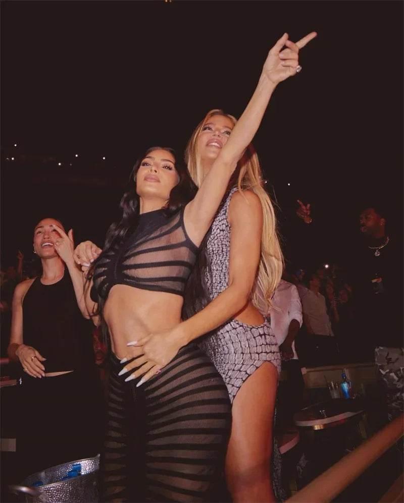 Sexy Knitted Striped 2 Piece Sets Women Outfit Y2K Clothes Birthday Sheer Crop Top and Long Skirt Set Elegant Night Club Outfits - Empire P.E