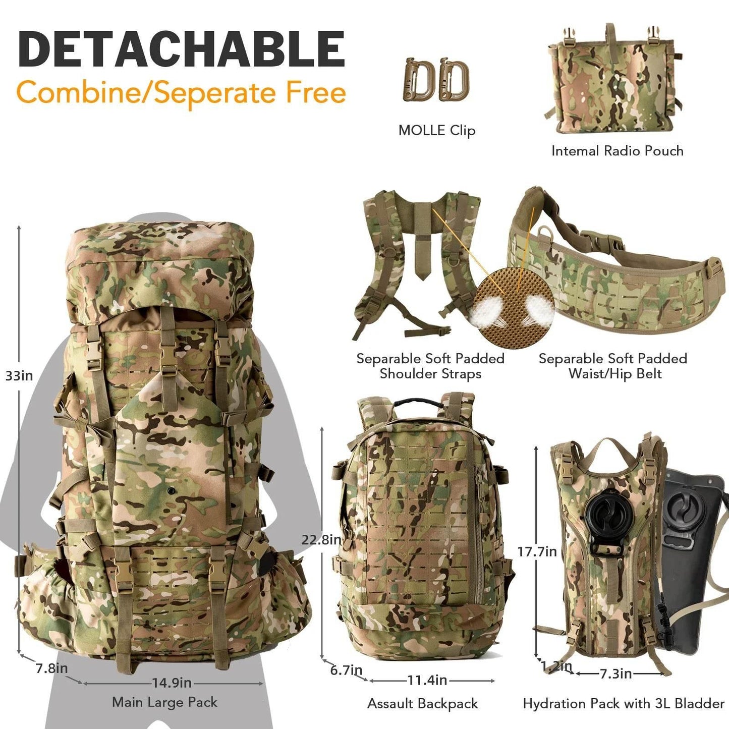 Military ILBE Army Large Rucksack with Detacheable Tactical Assault Backpack - Empire P.E