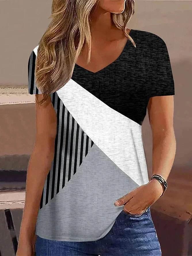 Women's T-Shirt Summer Stripe Short Sleeve Tee Shirt Fashion Blue V-Neck Female Clothing Casual New T-Shirt for Women Pullover - Empire P.E