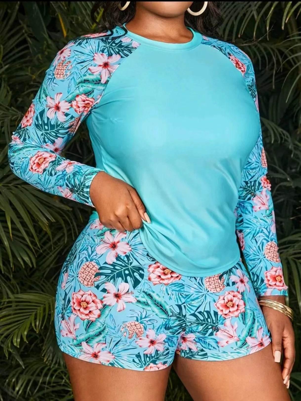 2025 Tropical Long Sleeve Swimsuit Women Plus Large Size Swimwear XL-4XL - Empire P.E