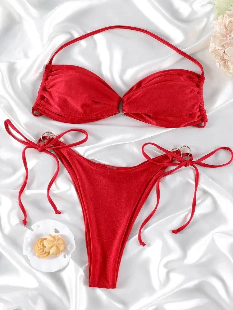 Solid Color Bikinis Push Up Swimwear Women Halter Bikini Set - Empire P.E