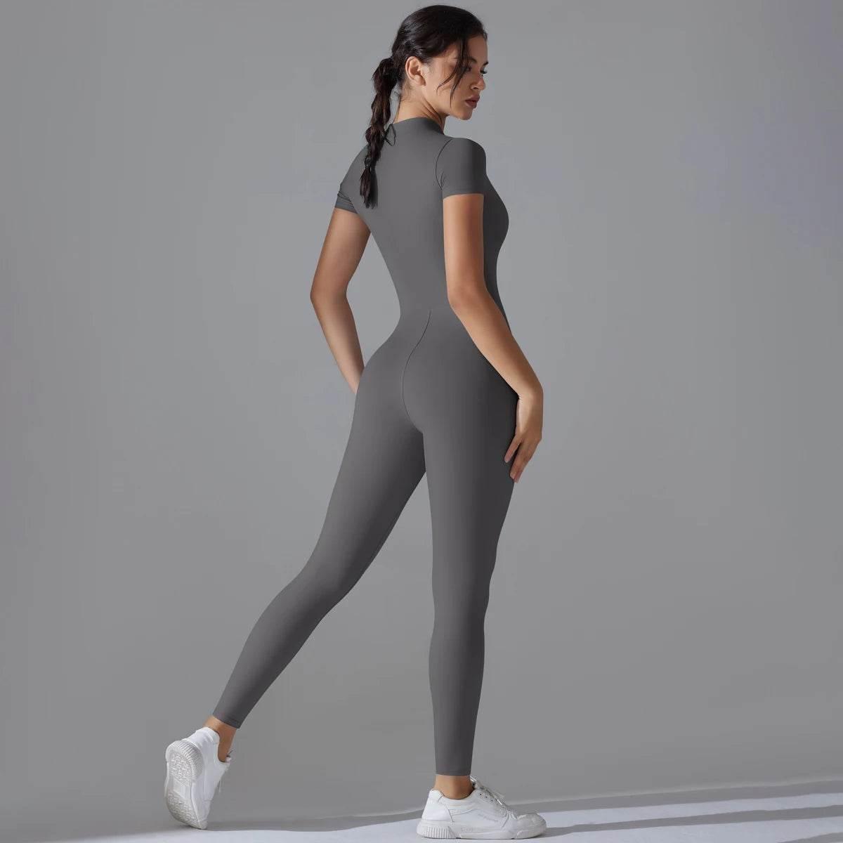 Yoga Set Women's Jumpsuits One-Piece Suit Zipper Short Sleeve Gym Push Up Workout Clothes Fitness Bodysuit Sportswear Tracksuit - Empire P.E