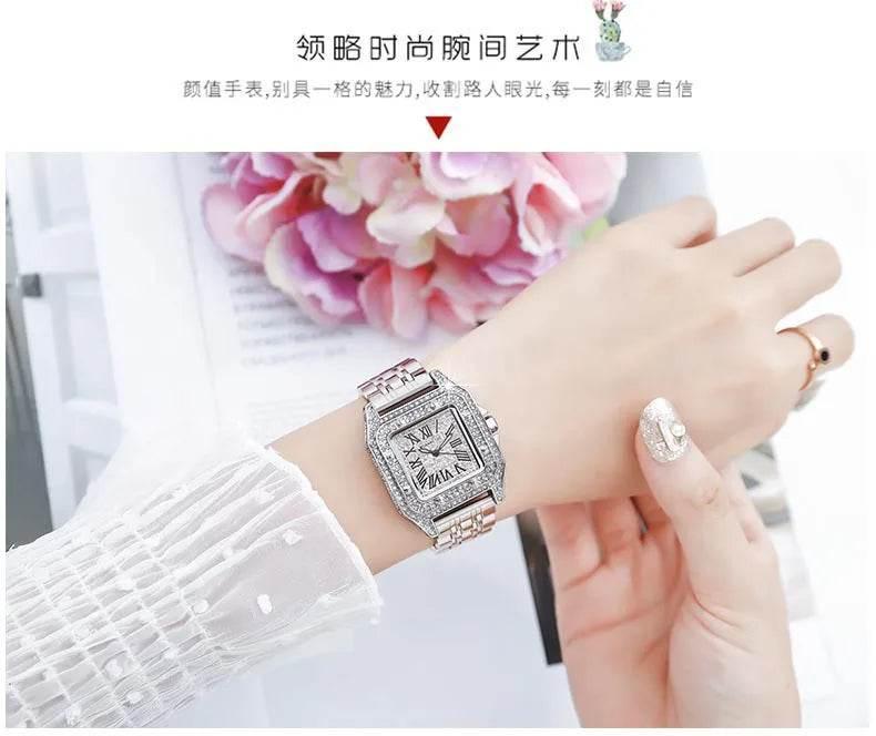 Ladies Dial Quartz Wristwatches Dress Clock Large square diamond-encrusted dial steel belt living waterproof quartz watch - Empire P.E