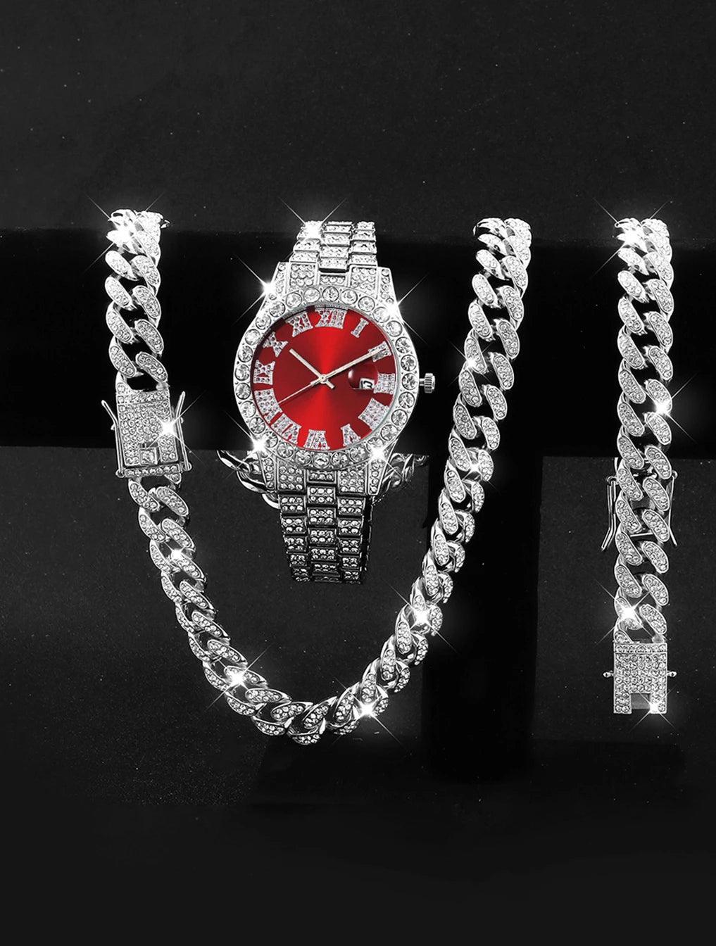 3PCS luxury alloy full diamond rhinestone mirror men's quartz watch with calendar and Hip Hop Cuban Necklace bracelet set - Empire P.E