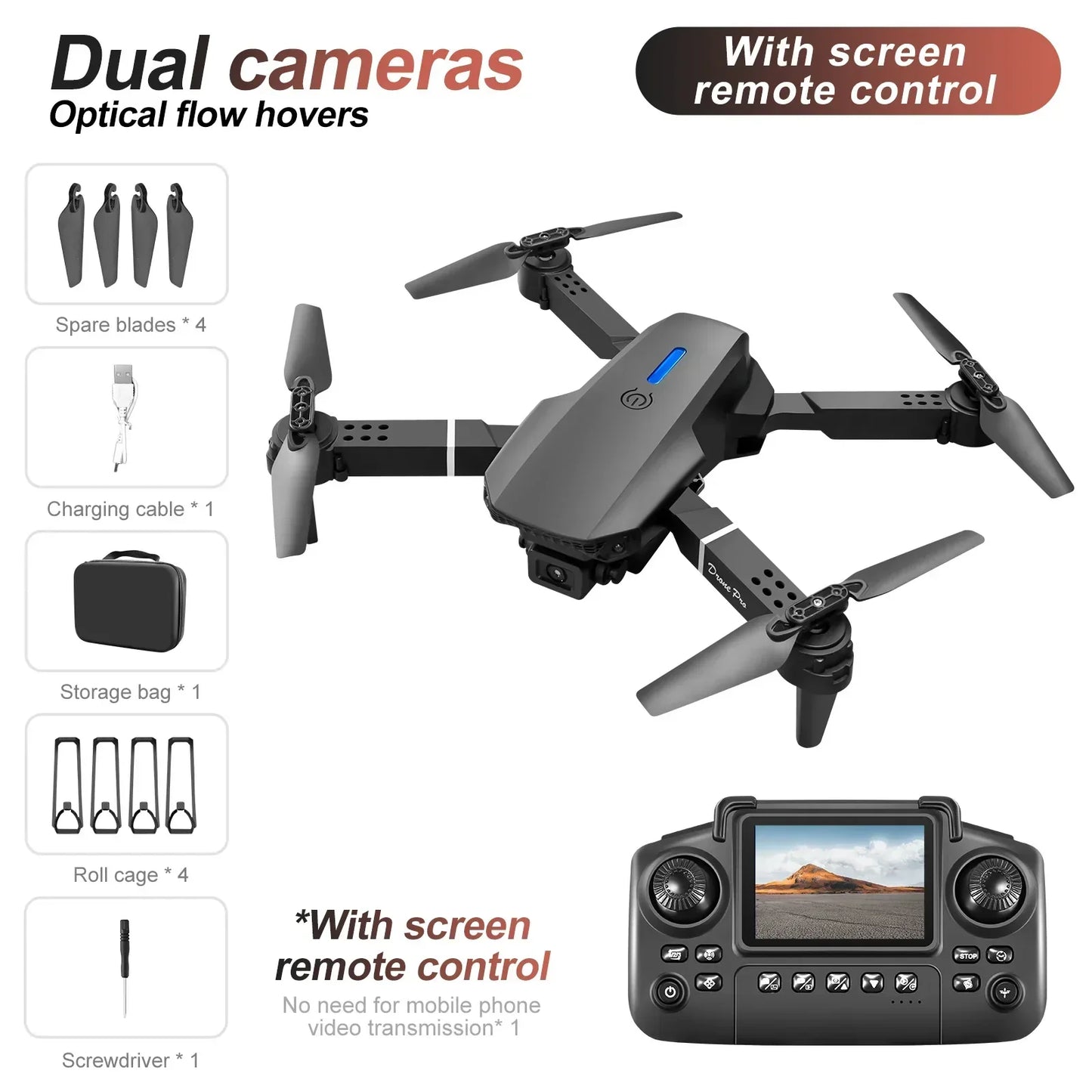 Black E88E99 GT Lighting Big Screen Control Mini Drone Dual Camera - Empire P.E