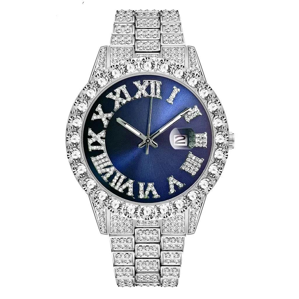 Watch Bracelet Set Hip Hop Stainless Steel Gold Color Calendar Watch for Men Iced Out Paved Rhinestones Men Watch Reloj Hombre - Empire P.E