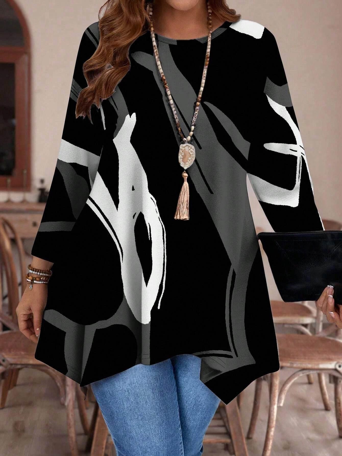 Plus Size Long Sleeve Abstract Print Tunic Top for Women with Asymmetrical Hemline - Empire P.E