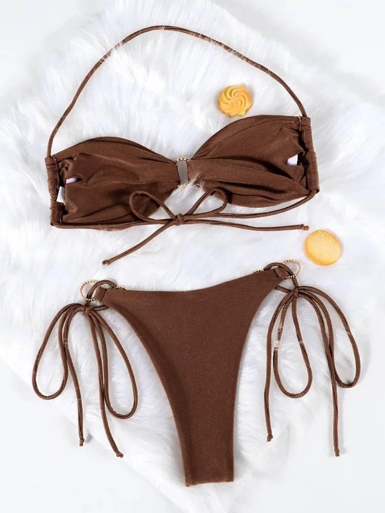 Solid Swimsuit Women Bathing Suit Bandeau Bikini 2024 Biquinis Feminino Swimwear High Waist Bikini Set Beachwear Sexy Bikinis - Empire P.E
