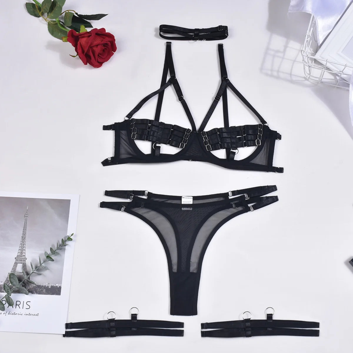 Yimunancy 4-Piece Bandage Erotic Set Women Choker Cut Out Solid Vintage Purple Sexy Lingerie Set Breif Kit - Empire P.E