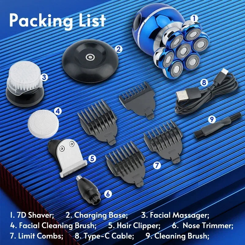 Newest 5-in-1 Electric Shaver 7D Floating Cutter Head Bald Hair Clipper Wireless Charging Men Nose Trimmer Electric Beard Razor - Empire P.E