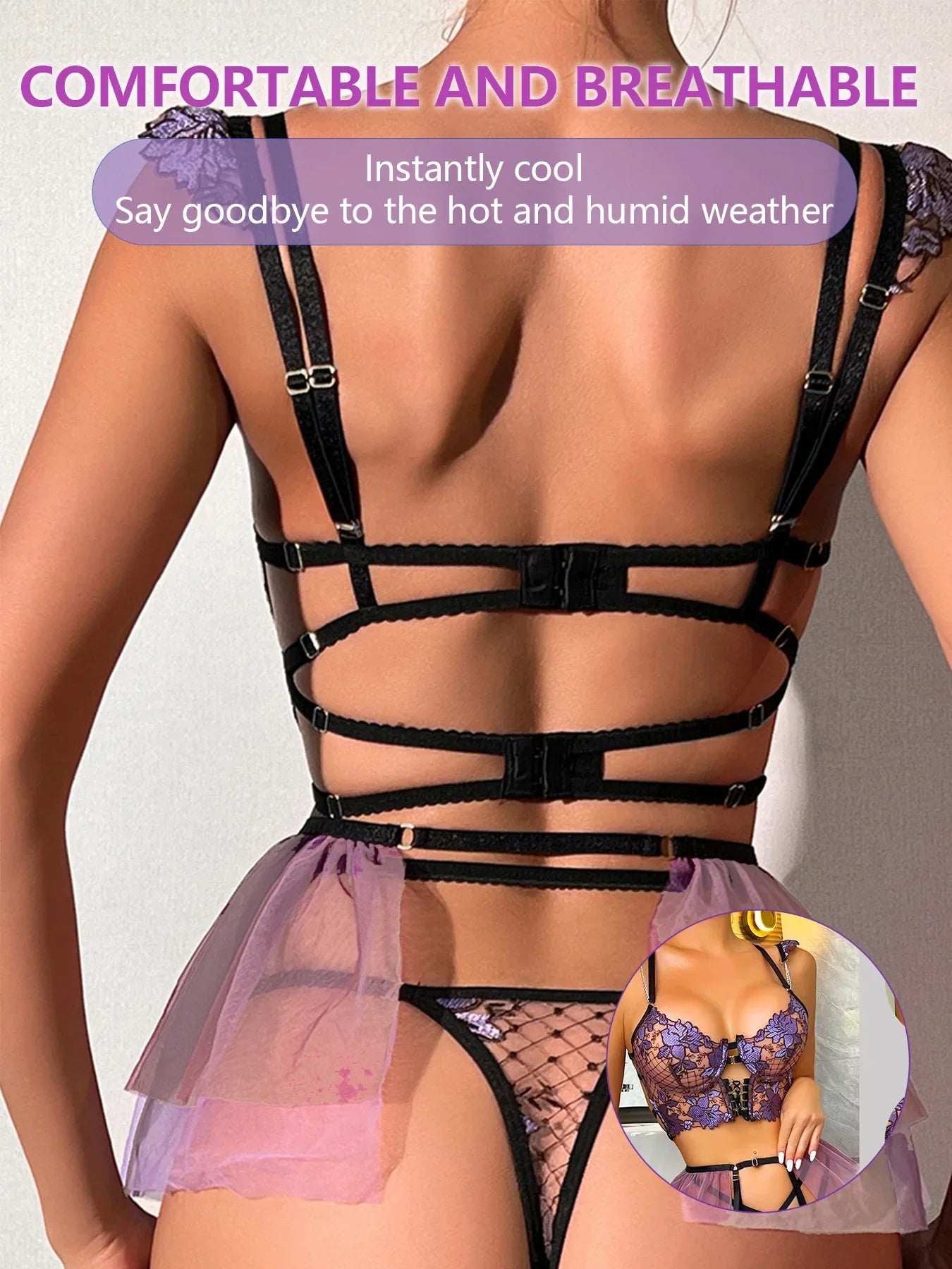 Ladies Lingerie Set with Embroidered Hollow Flower Patterns - Empire P.E