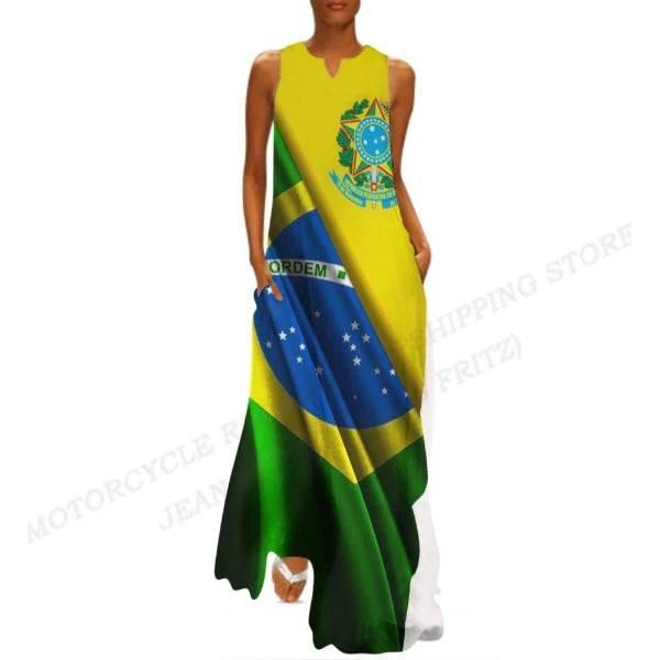 Brazil Flag Dress Women Fashion V-neck Long Dress Party Evening Casual Brasil Women Dresses Elegant Boho Maxi Vestido Beach Robe - Empire P.E
