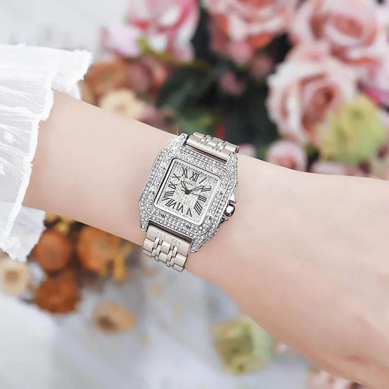 Ladies Dial Quartz Wristwatches Dress Clock Large square diamond-encrusted dial steel belt living waterproof quartz watch - Empire P.E