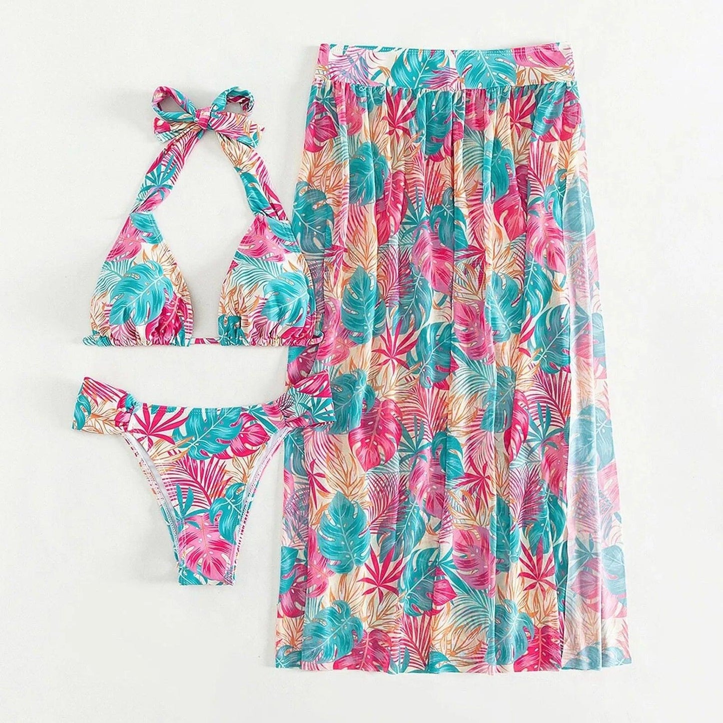 Summer Women Swimwear Leaf Print Tie Up Halter Bathing Suit Tops Shorts Split Beach Cover Up Skirt Female 3pcs Swimsuit Set - Empire P.E