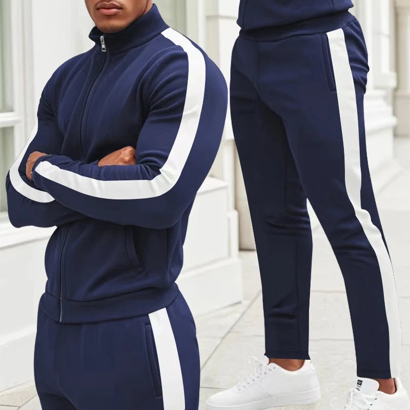 Mens Autumn Fashion Side Striped Jackets And Pants Two Piece Sets