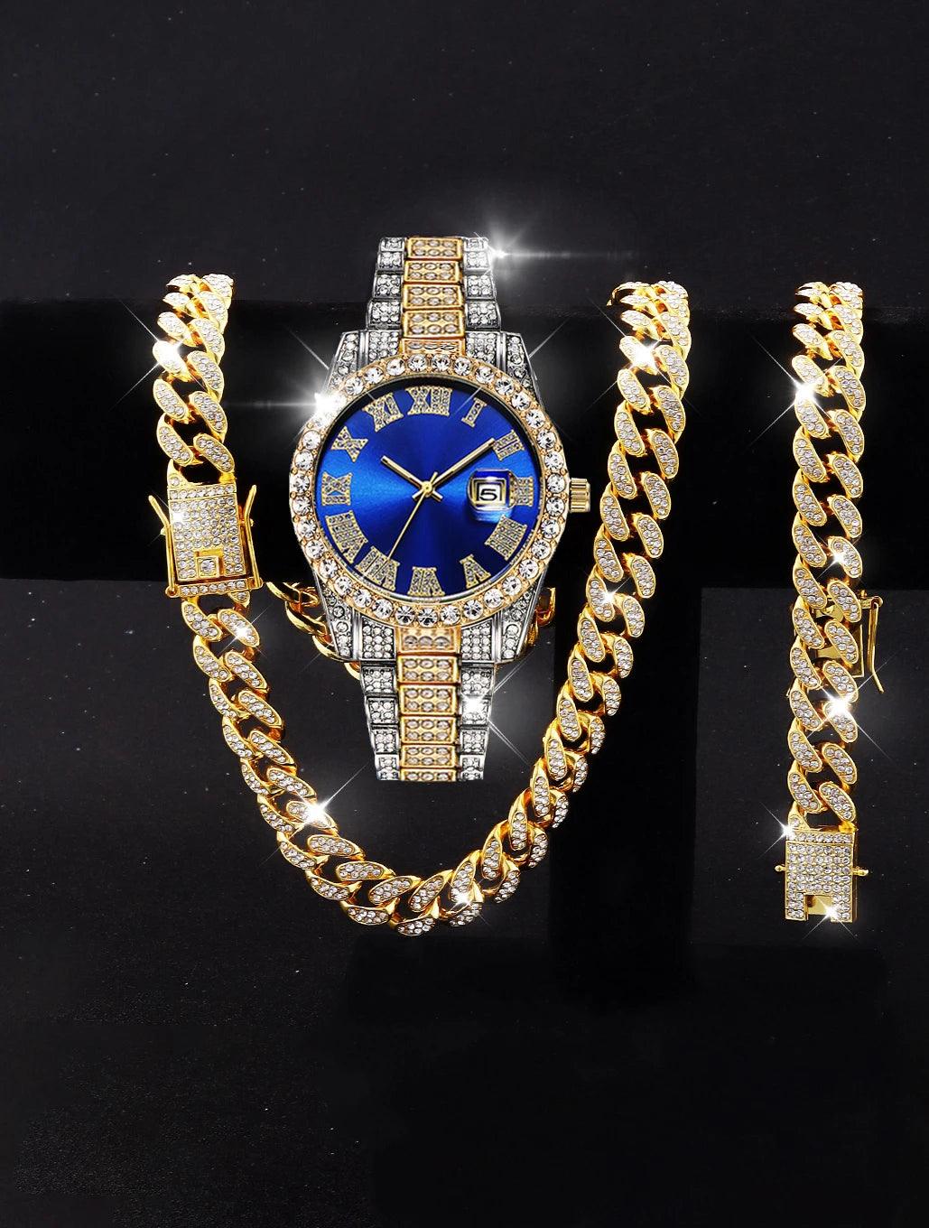 3PCS luxury alloy full diamond rhinestone mirror men's quartz watch with calendar and Hip Hop Cuban Necklace bracelet set - Empire P.E